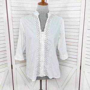 Chicos Beaded‎ Ruffle Trim Button Front Shirt White Small